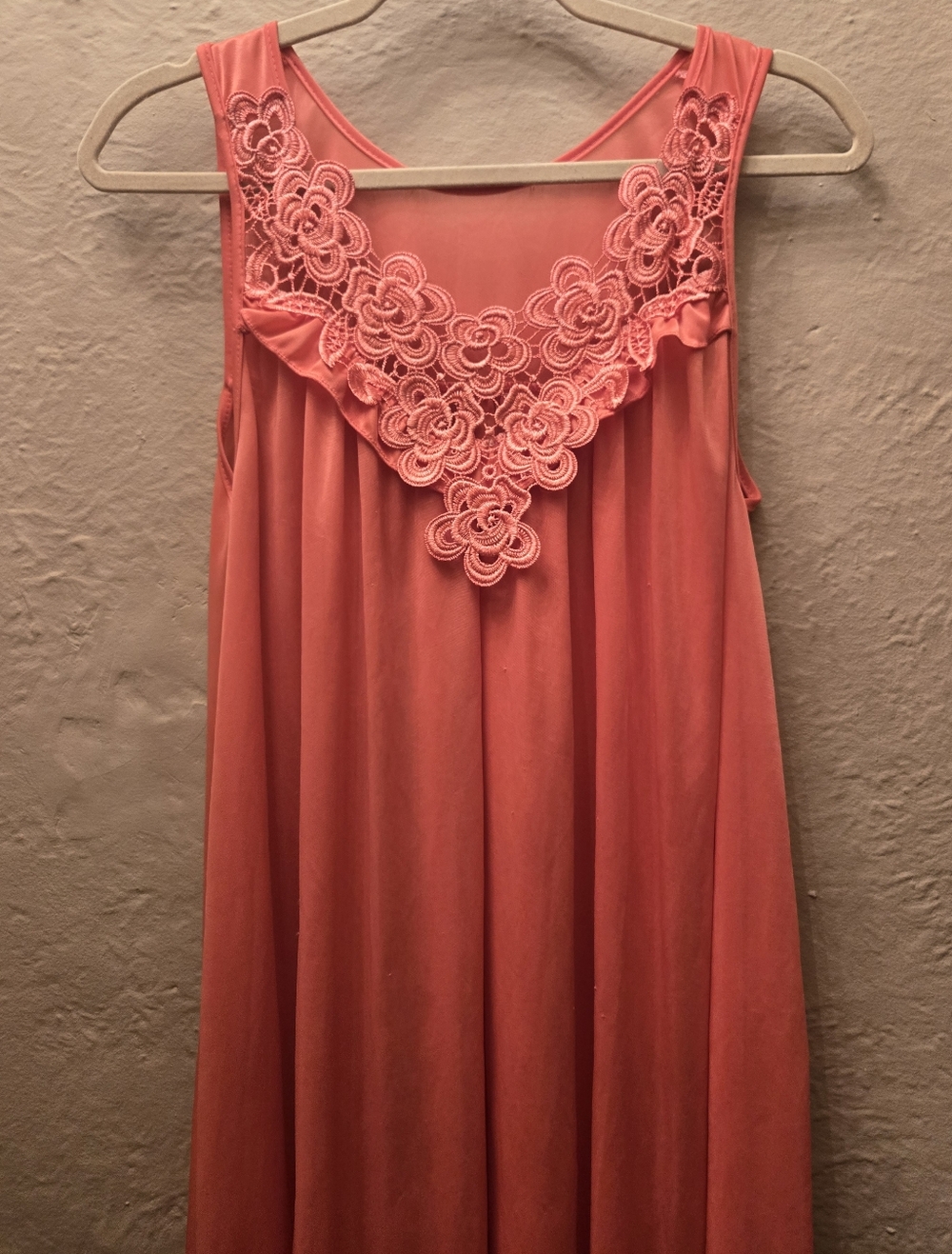 Vintage Coral Lace Nightgown Sheer Floral Appliqué Babydoll Slip